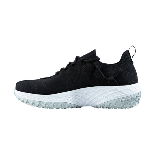 Black knit trail shoe with a white midsole and light gray lugged outsole, shown in side profile