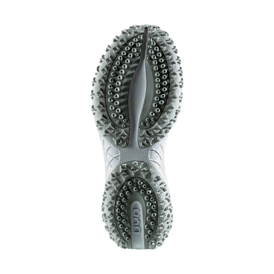 Gray lugged trail shoe outsole shown from below with oval traction pods and visible UYN logo