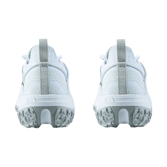 White knit athletic shoes shown from the back with heel pull tabs and gray textured outsoles