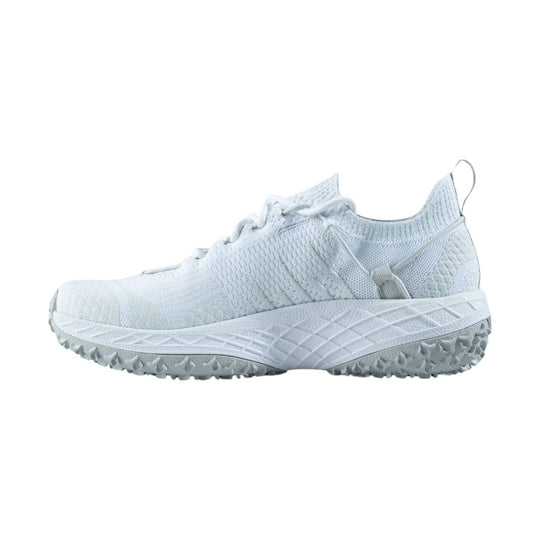 White knit low-top athletic shoe with thick textured sole, shown in side profile