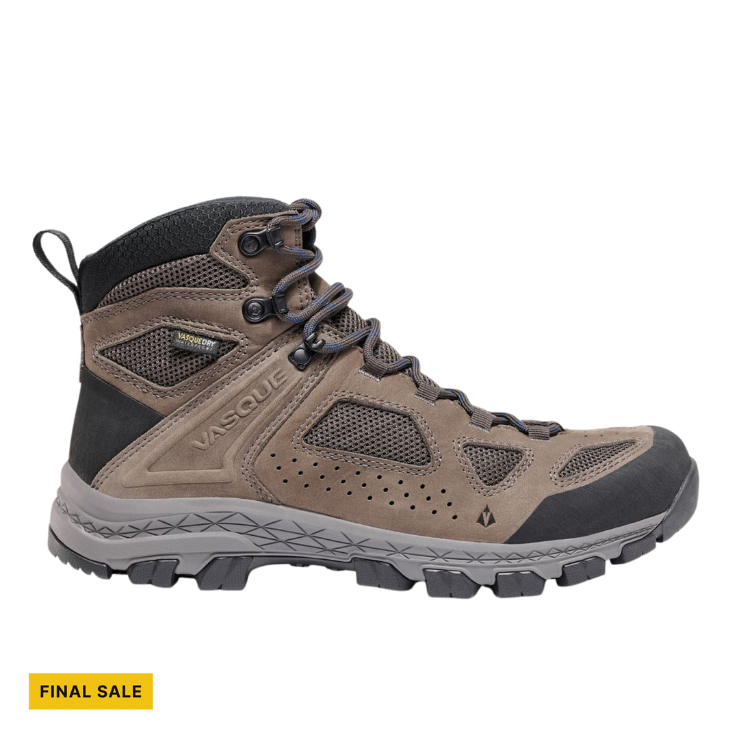 Brown and black hiking boot with mesh panels, bungee laces, and a yellow FINAL SALE label