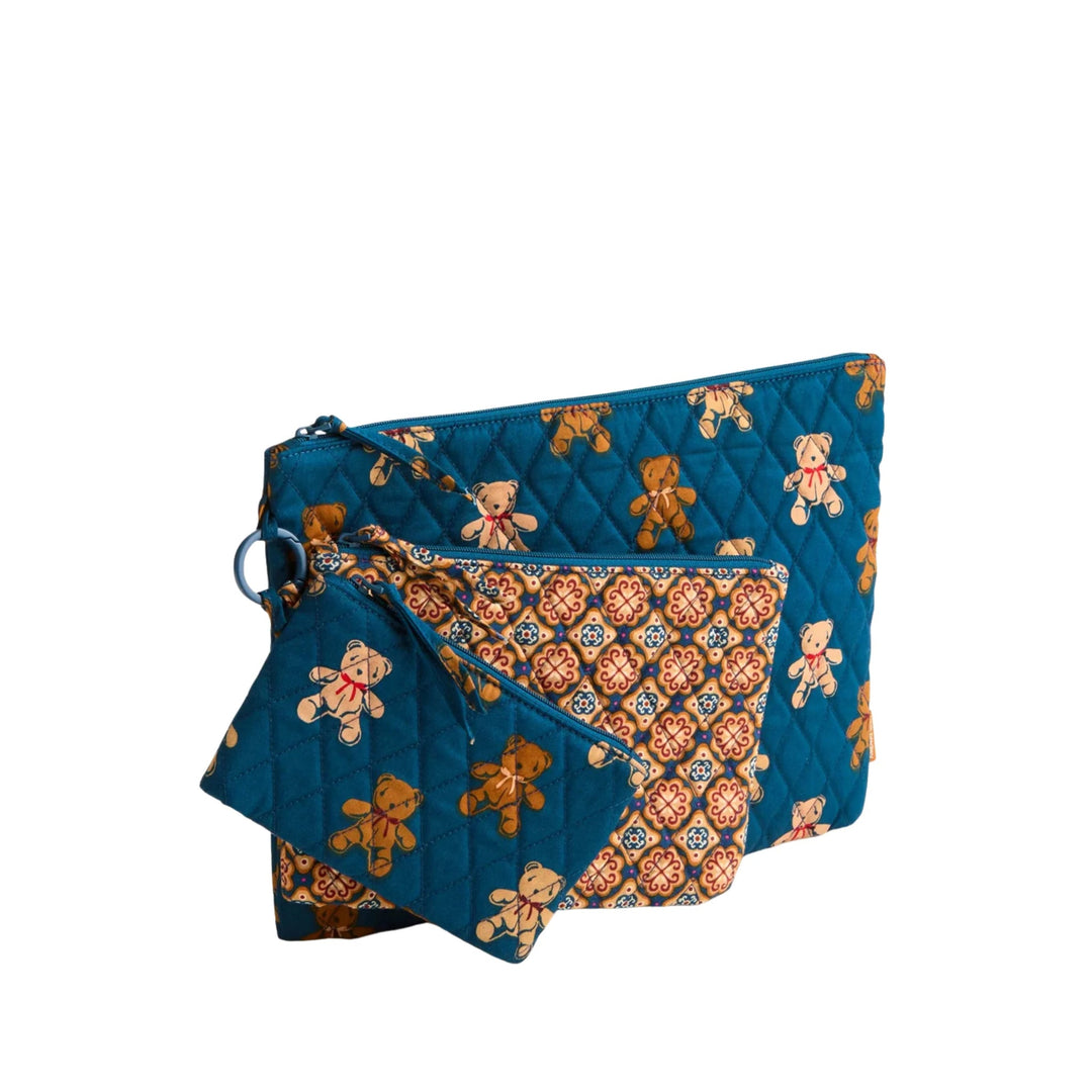 Quilted blue three-pouch organizer set with teddy bear and geometric floral prints