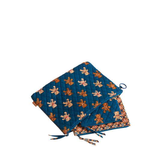 Blue quilted zip pouch set with teddy bear print and patterned trim