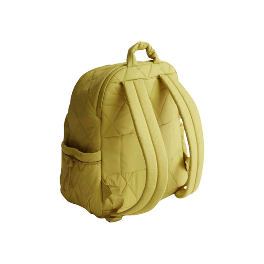 Quilted golden olive backpack with top handle, padded straps, and side pockets