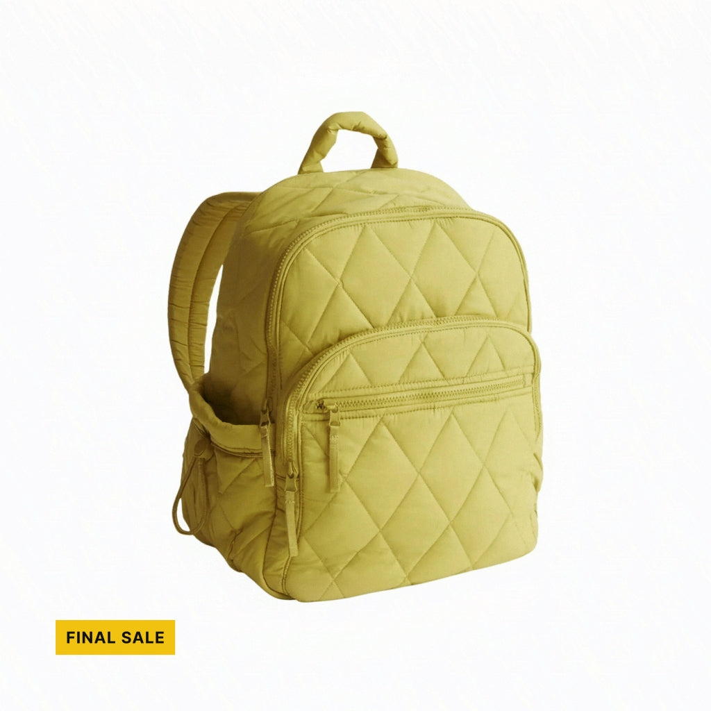 Quilted yellow backpack with front zip pocket and top handle