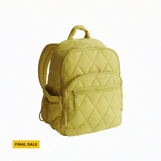 Quilted yellow backpack with front zip pocket and top handle