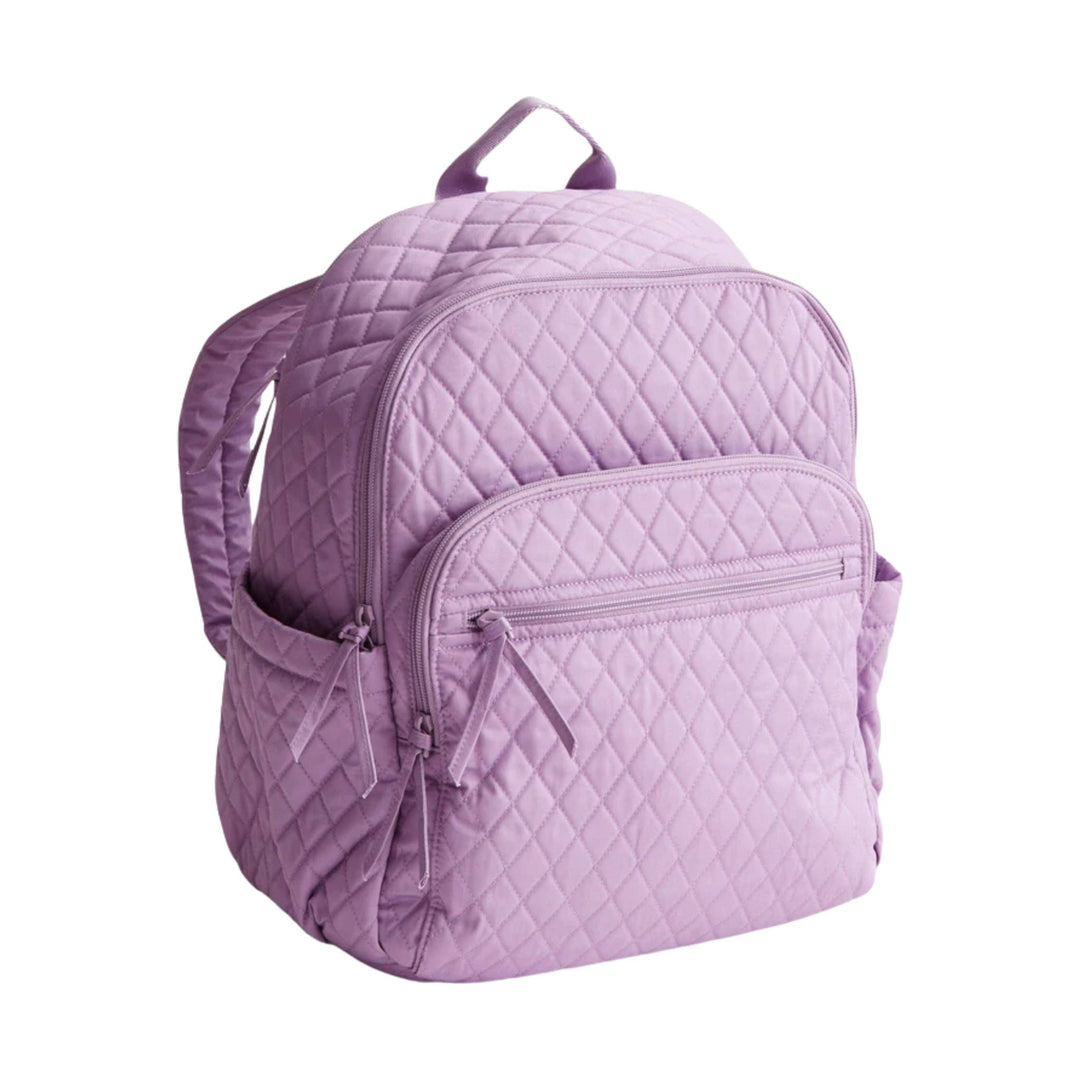 Lavender quilted backpack with front zip pockets and side water bottle pockets