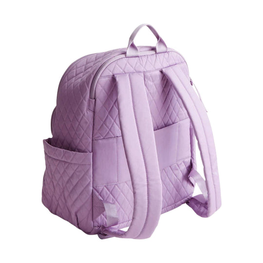 Quilted light purple backpack with top handle, padded straps, and side pockets