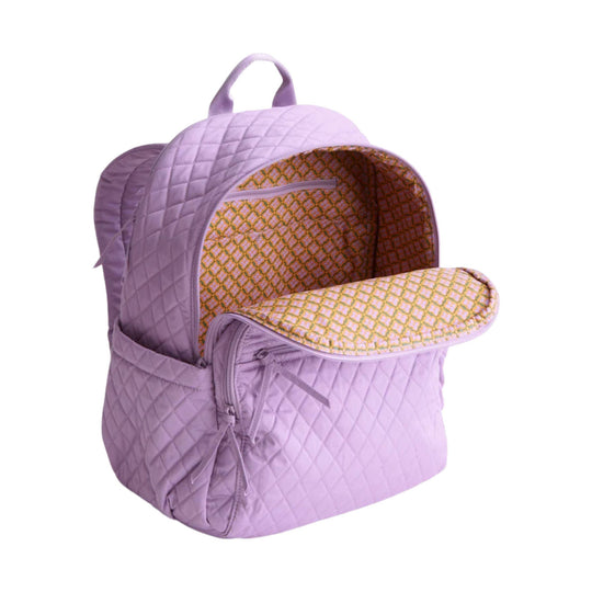 Lavender quilted backpack with open front flap and patterned interior lining