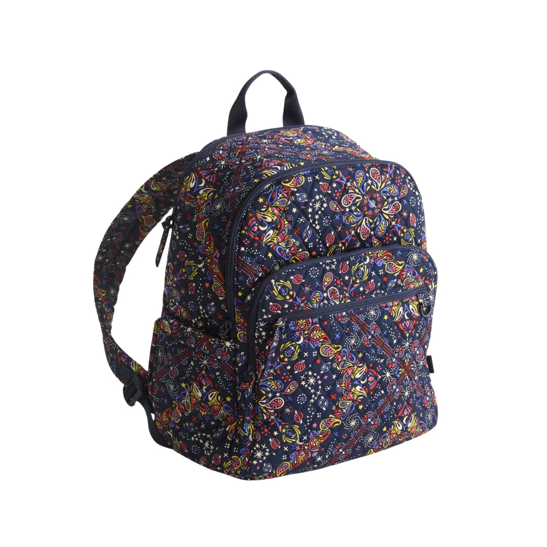 Navy patterned backpack with front zip pocket and top handle