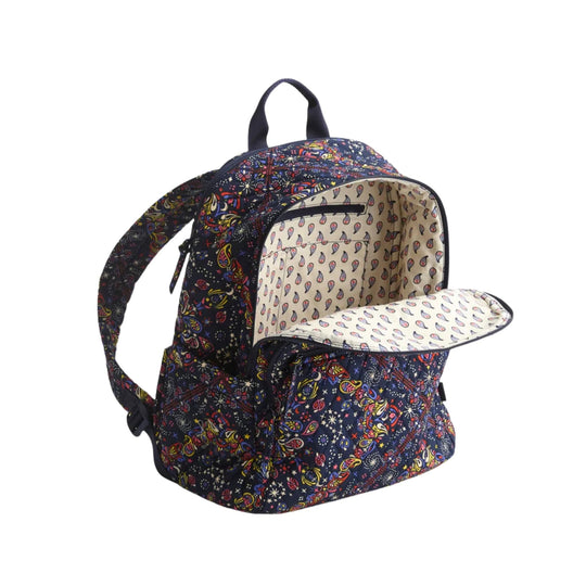 Patterned backpack with front zip pocket and open main compartment