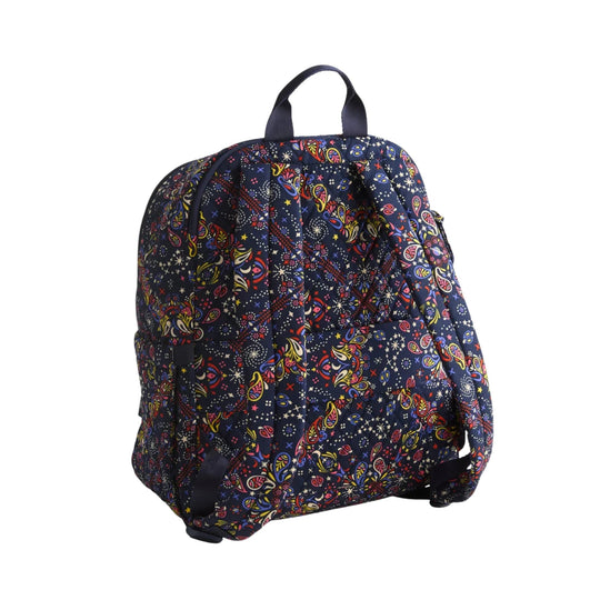 Navy backpack with colorful paisley and star print, front view