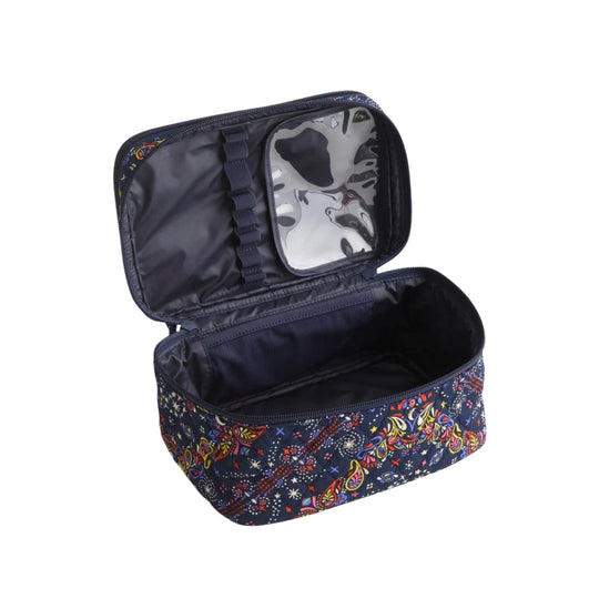 Open navy fabric cosmetic case with colorful paisley print and zippered lid