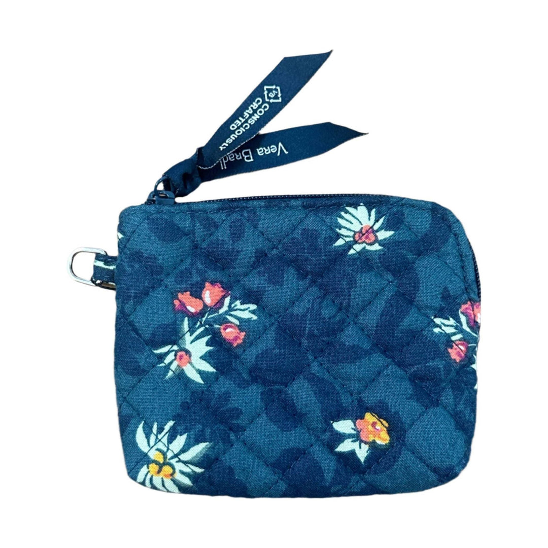 Quilted blue floral zip coin purse with wrist strap