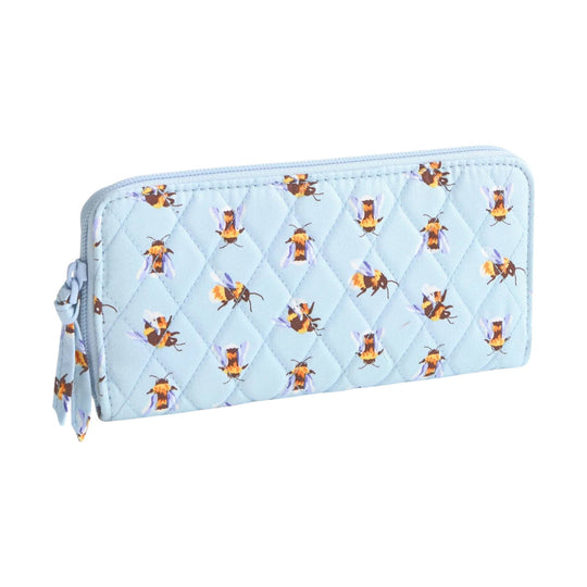 Light blue quilted zip-around wallet with bee print