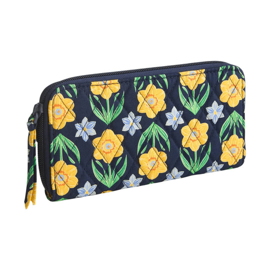 Quilted navy zip-around wallet with yellow floral print