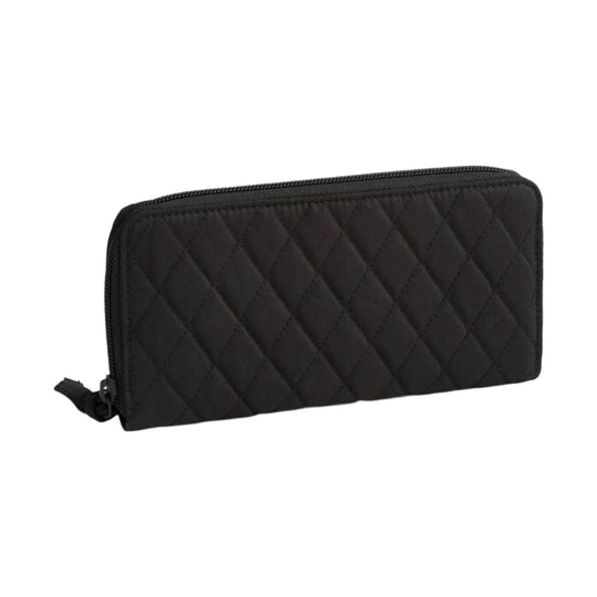 Black quilted zip-around wallet with rounded corners