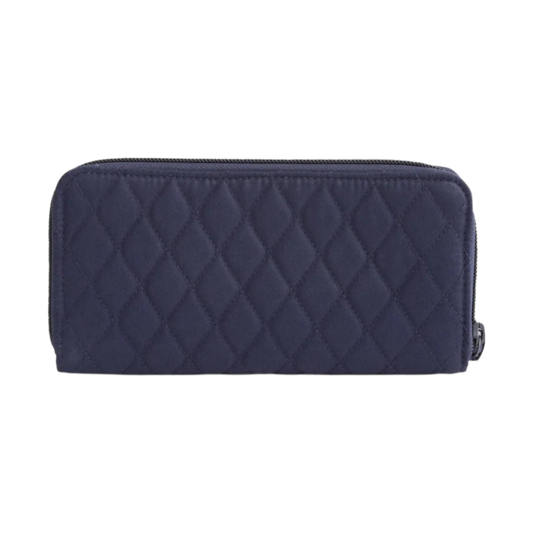 Navy quilted zip-around wallet with rounded corners