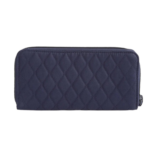 Navy quilted zip-around wallet with rounded corners