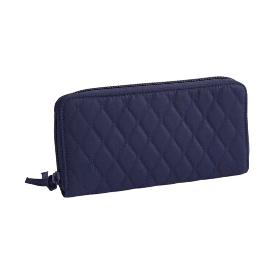 Quilted navy zip-around wallet with rounded corners