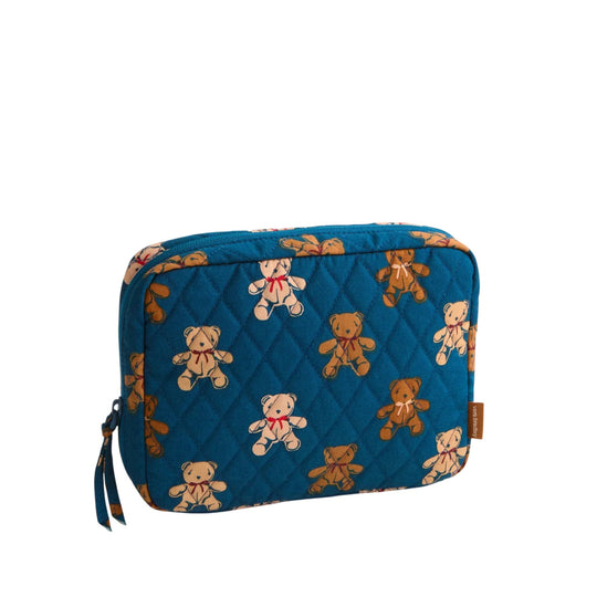 Quilted blue zip pouch with teddy bear print and wrist strap