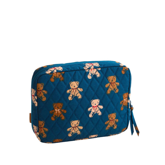 Quilted blue cord organizer with teddy bear print and zipper closure