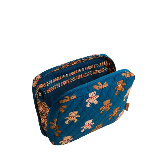 Blue quilted zippered cord organizer with teddy bear print and patterned trim