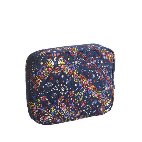 Quilted navy rectangular cord organizer with multicolor paisley and star print