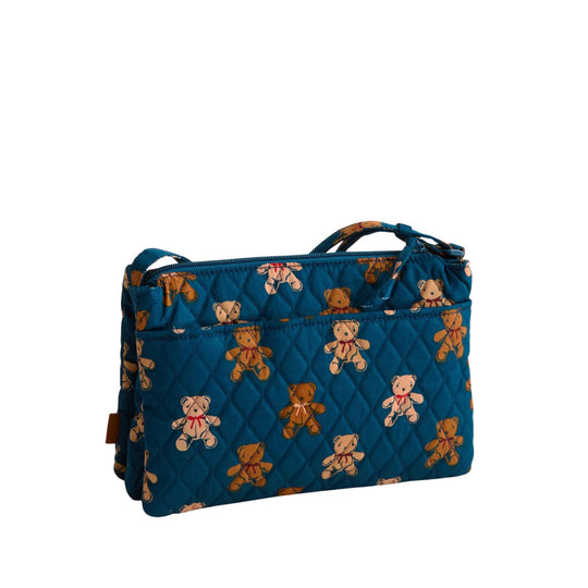 Quilted blue crossbody bag with teddy bear print and top zipper