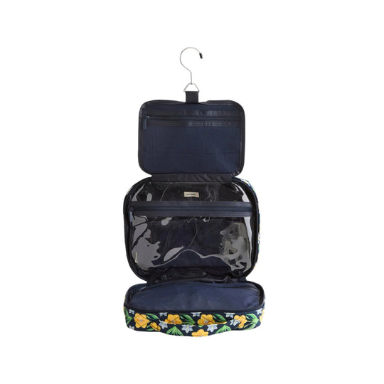 Open hanging travel organizer with three zippered compartments and a floral-patterned bottom edge