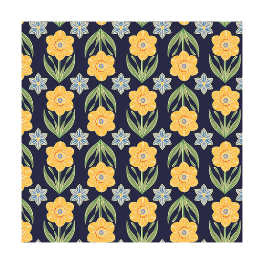 Navy fabric with repeating yellow daffodils, blue flowers, and green leaf motifs