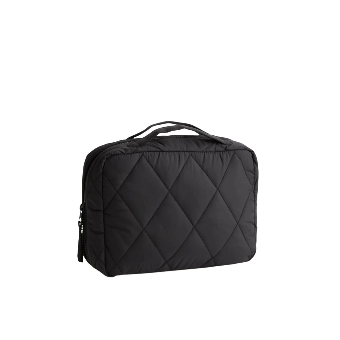 Black quilted hanging travel organizer with top handle and zipper closure