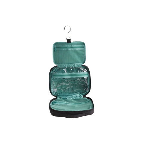 Teal hanging travel organizer with multiple zippered pockets and a metal hook