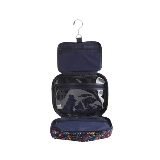 Navy hanging travel organizer with zippered compartments and a clear front pocket