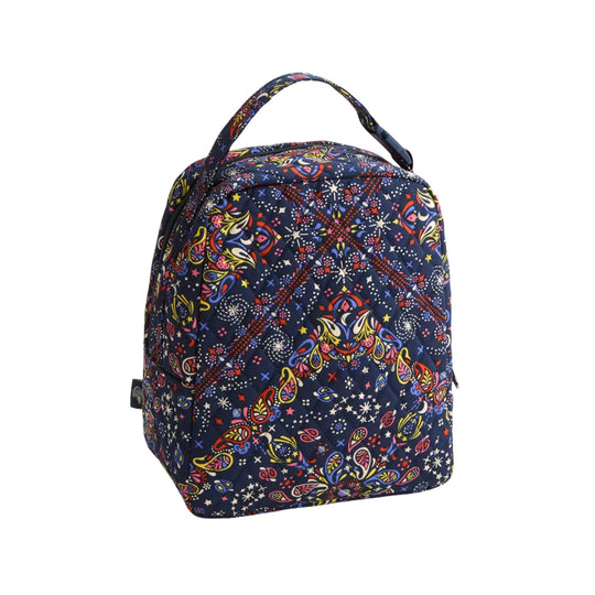 Navy quilted lunch bag with colorful paisley and star pattern and top handle