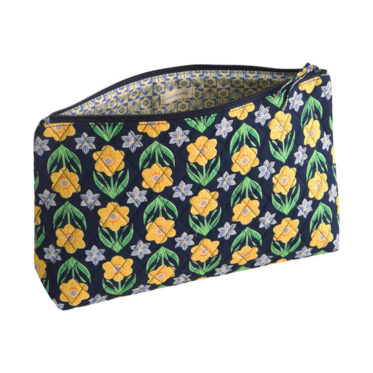 Quilted navy floral zip pouch with yellow and green daffodil pattern and patterned lining