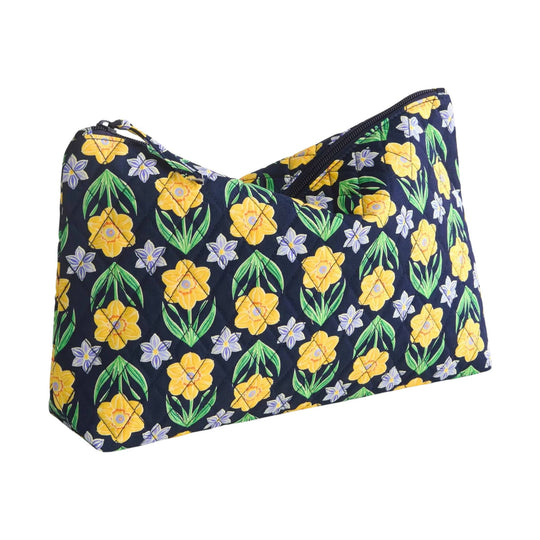Quilted navy zip pouch with yellow and green floral print