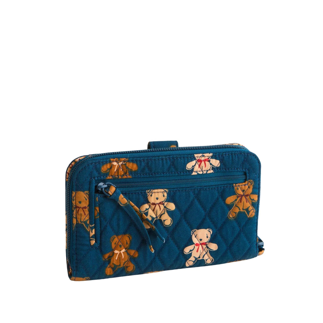 Blue quilted zip wallet with teddy bear print and front zipper pocket
