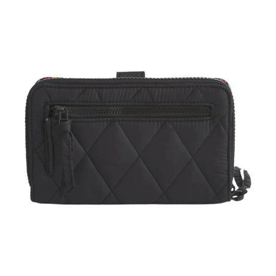 Black quilted zip-around wallet with a front zip pocket and wrist strap