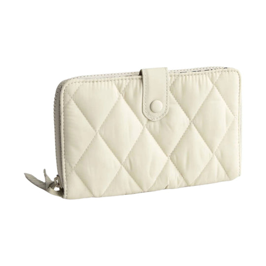 Cream quilted zip wallet with snap tab closure