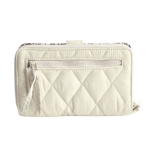 Cream quilted zip wallet with a front zip pocket and wrist strap