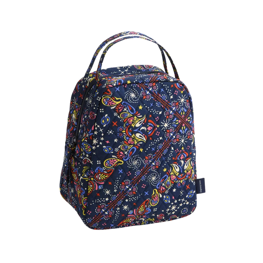 Quilted navy lunch bag with colorful paisley print and top handles