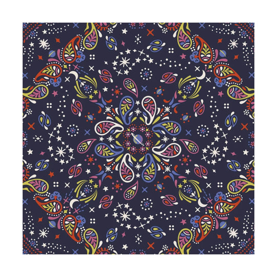 Navy paisley-patterned fabric with multicolor floral, star, and dot motifs