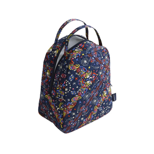 Quilted navy lunch bag with colorful paisley print, top handles, and zip closure