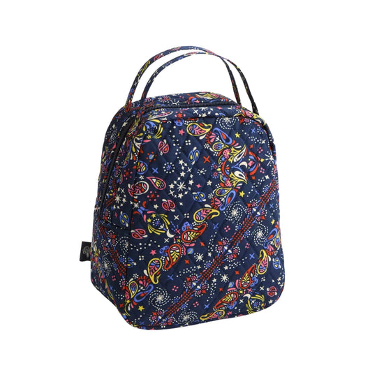 Navy quilted lunch bag with colorful paisley and star print, zip-top closure, and top handles