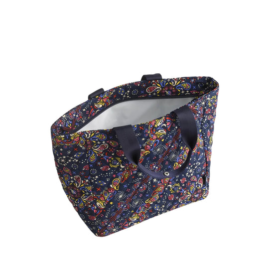 Navy quilted lunch tote with colorful paisley print and black handles