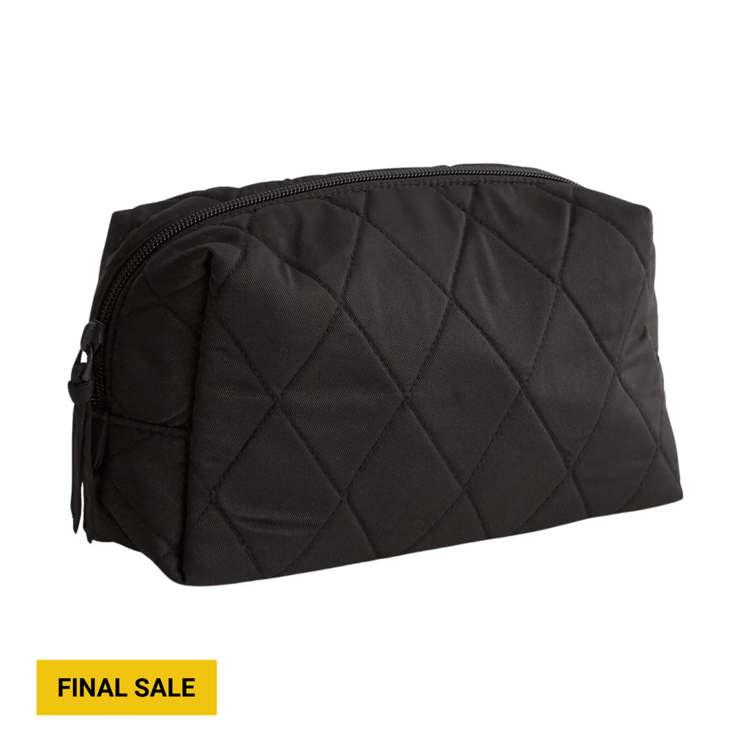 Black quilted zippered cosmetic bag with rectangular shape