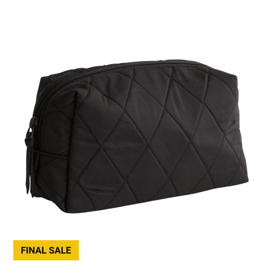 Black quilted zippered cosmetic bag with rectangular shape
