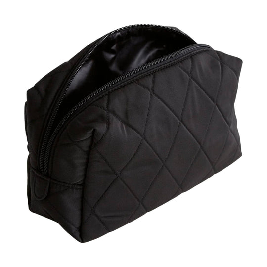 Black quilted zip-top cosmetic bag with a curved opening