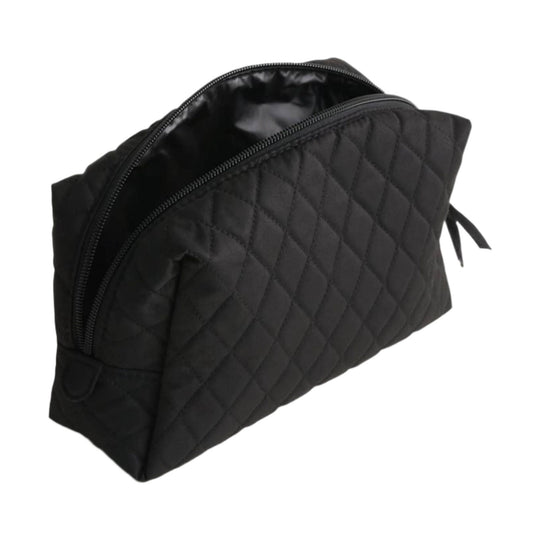 Black quilted zip-top cosmetic bag with satin lining